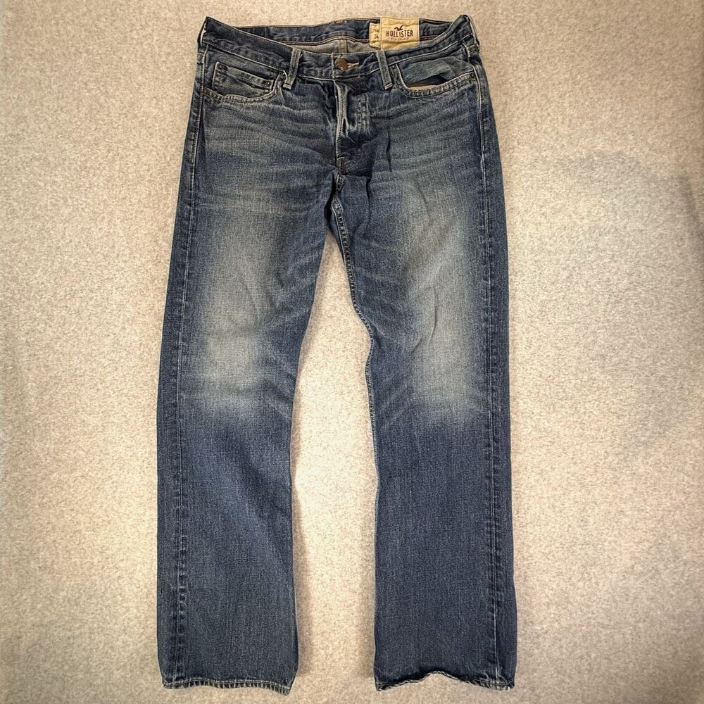 Hollister Hermosa Jeans 34x34 Mid Rise Boot Cut Blue Button Fly Denim Faded
